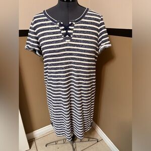 Nautical Blue White Striped  Shirt Cotton Beach Dress Size Large Style & Co Lace